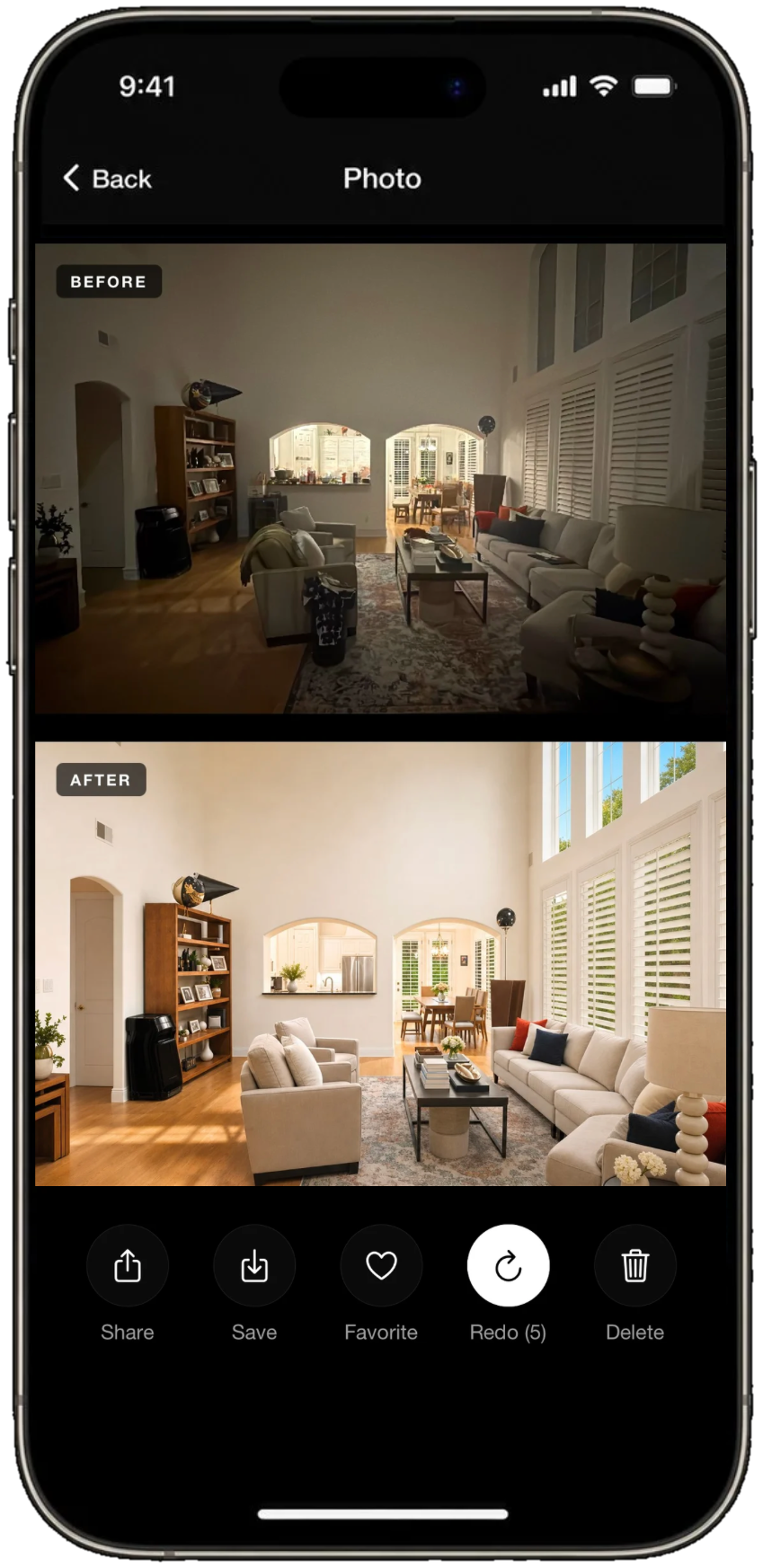 Before / after comparison after running Roomify on a photo
