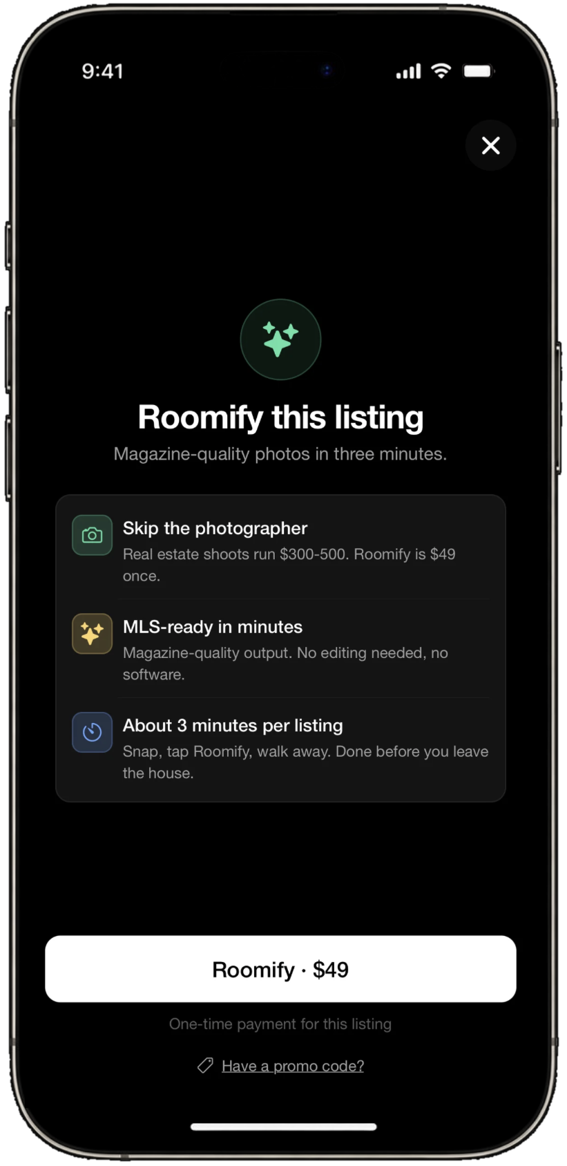 The Roomify confirmation screen showing the $49 listing unlock