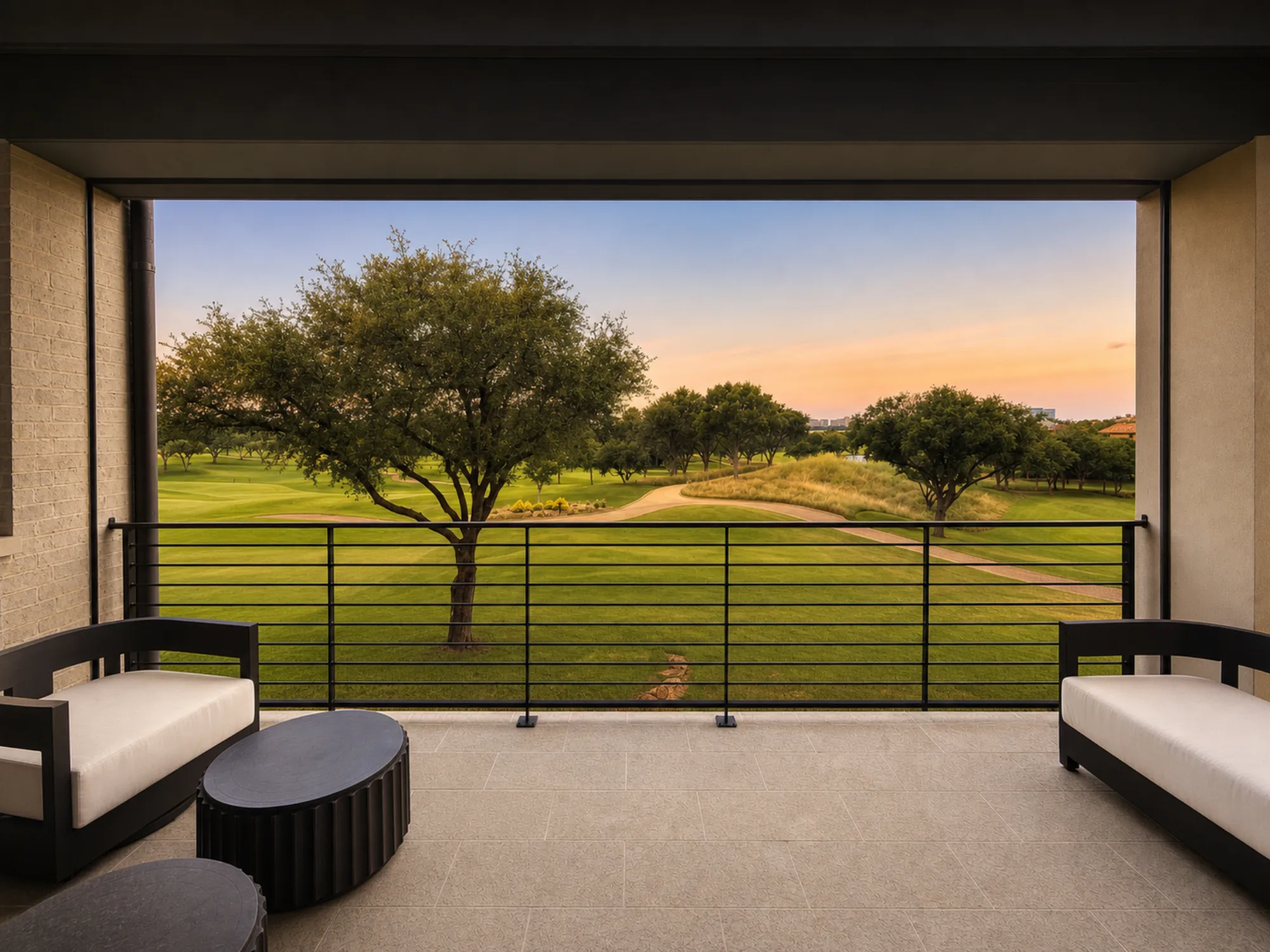 Residences #22 — covered patio overlooking the golf course at sunset, shot on iPhone and Roomified